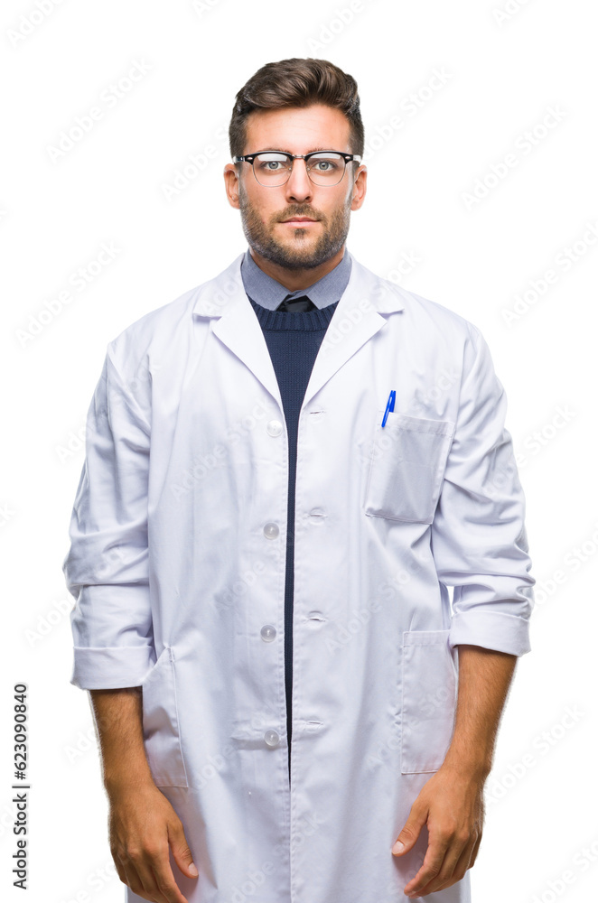 Young handsome man wearing doctor, scientis coat over isolated background with serious expression on face. Simple and natural looking at the camera. Young handsome man wearing doctor, scientis coat over isolated background with serious expression on face. Simple and natural looking at the camera.