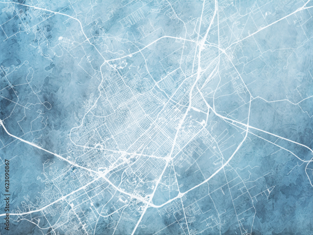 Fototapeta premium Illustration of a map of the city of Waco Texas in the United States of America with white roads on a icy blue frozen background.