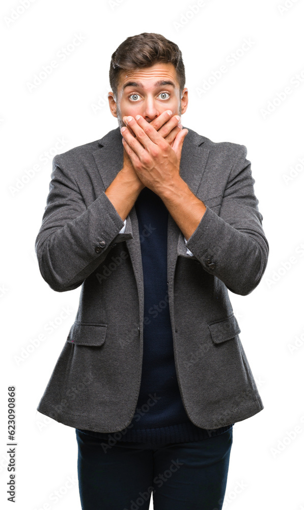 Young handsome business man over isolated background shocked covering mouth with hands for mistake. Secret concept. Young handsome business man over isolated background shocked covering mouth with hands for mistake. Secret concept.
