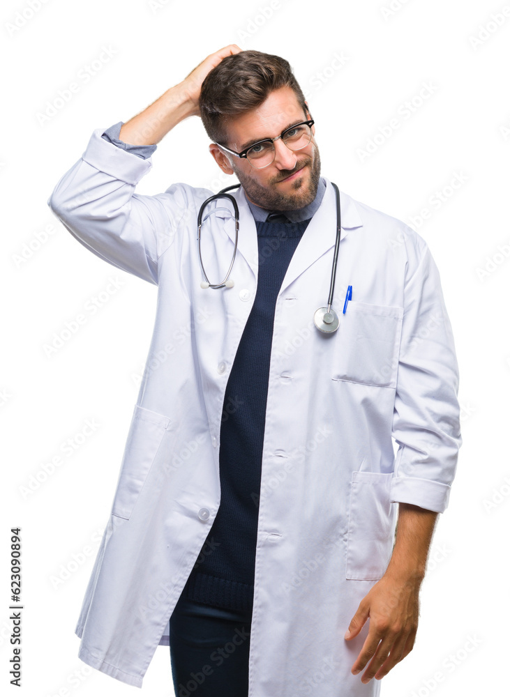 Young handsome doctor man over isolated background confuse and wonder about question. Uncertain with doubt, thinking with hand on head. Pensive concept. Young handsome doctor man over isolated background confuse and wonder about question. Uncertain with doubt, thinking with hand on head. Pensive concept.