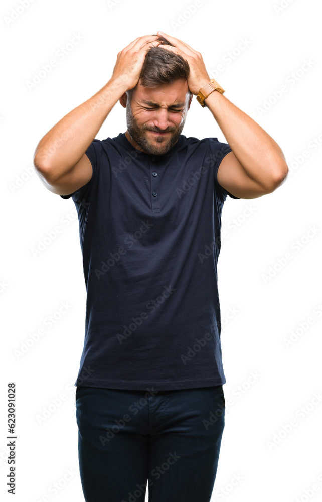 Young handsome man over isolated background suffering from headache desperate and stressed because pain and migraine. Hands on head. Young handsome man over isolated background suffering from headache desperate and stressed because pain and migraine. Hands on head.
