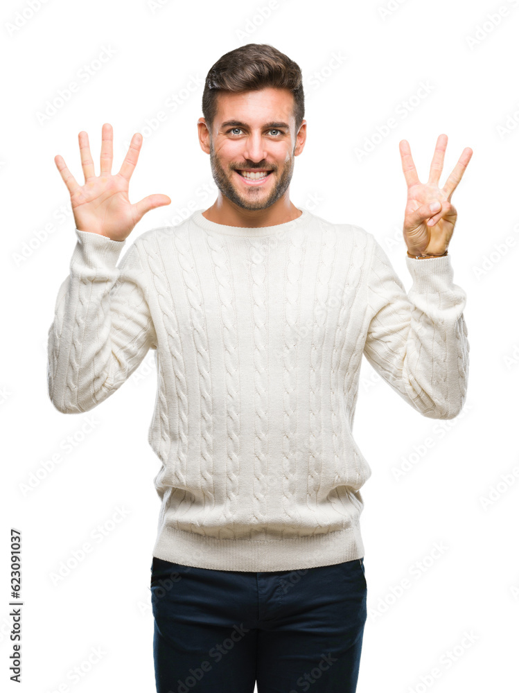 Young handsome man wearing winter sweater over isolated background showing and pointing up with fingers number eight while smiling confident and happy. Young handsome man wearing winter sweater over isolated background showing and pointing up with fingers number eight while smiling confident and happy.