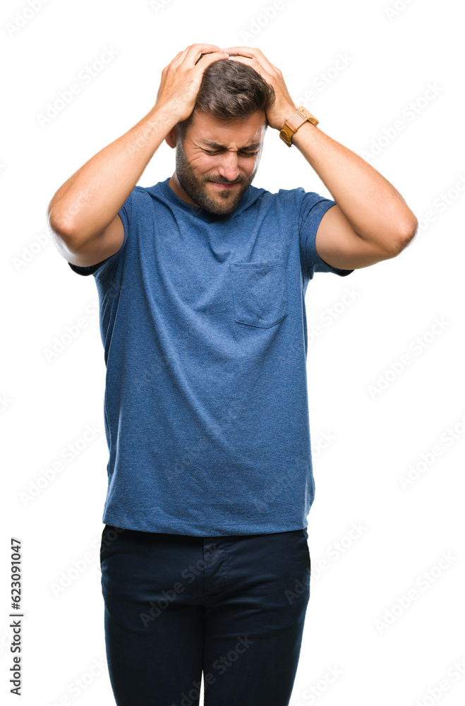 Young handsome man over isolated background suffering from headache desperate and stressed because pain and migraine. Hands on head. Young handsome man over isolated background suffering from headache desperate and stressed because pain and migraine. Hands on head.