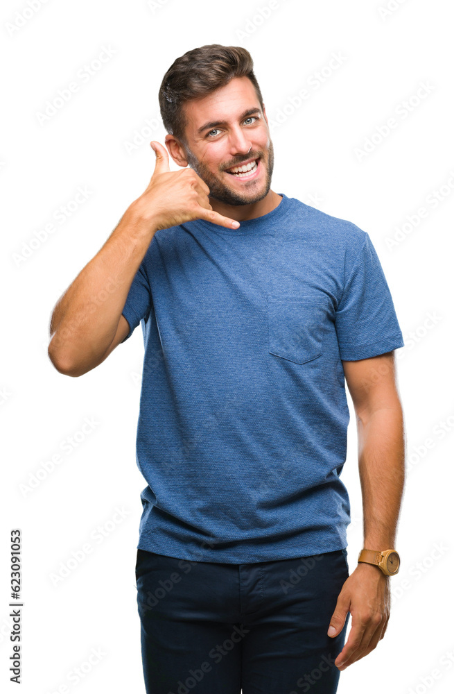 Young handsome man over isolated background smiling doing phone gesture with hand and fingers like talking on the telephone. Communicating concepts. Young handsome man over isolated background smiling doing phone gesture with hand and fingers like talking on the telephone. Communicating concepts.