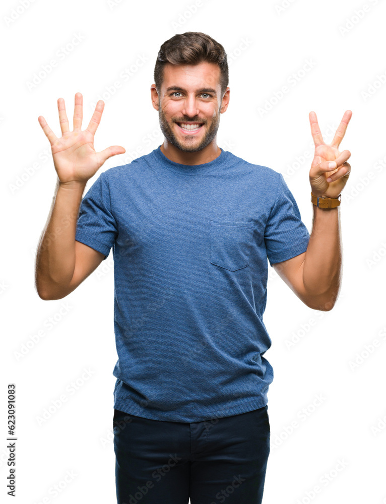 Young handsome man over isolated background showing and pointing up with fingers number seven while smiling confident and happy. Young handsome man over isolated background showing and pointing up with fingers number seven while smiling confident and happy.