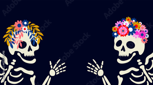 Skeletons with floral wreaths waving. Banner with copy space for Halloween, Dia de los muertos and Day of Dead. Vector illustration