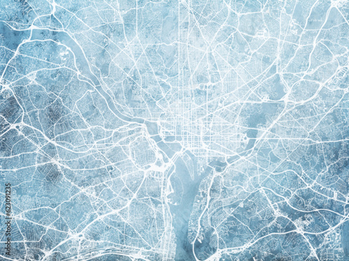 Illustration of a map of the city of  Washington Metro District of Columbia in the United States of America with white roads on a icy blue frozen background.