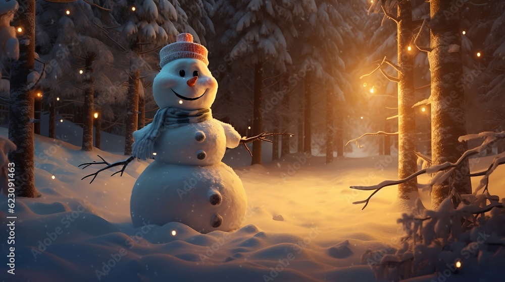 Fototapeta premium A snowman with flashlights stands in the snow in the forest
