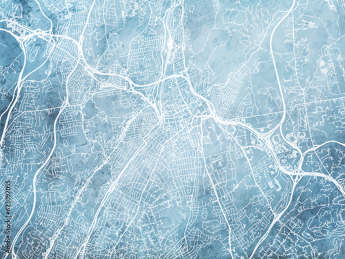 Illustration of a map of the city of White Plains New York in the United States of America with white roads on a icy blue frozen background.