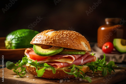 Food  health or avocado with bacon bun on table for restaurant  bakery and hospitality. Ai generated nutrition  diet and cooking with British cuisine on background for product  kitchen or coffee shop
