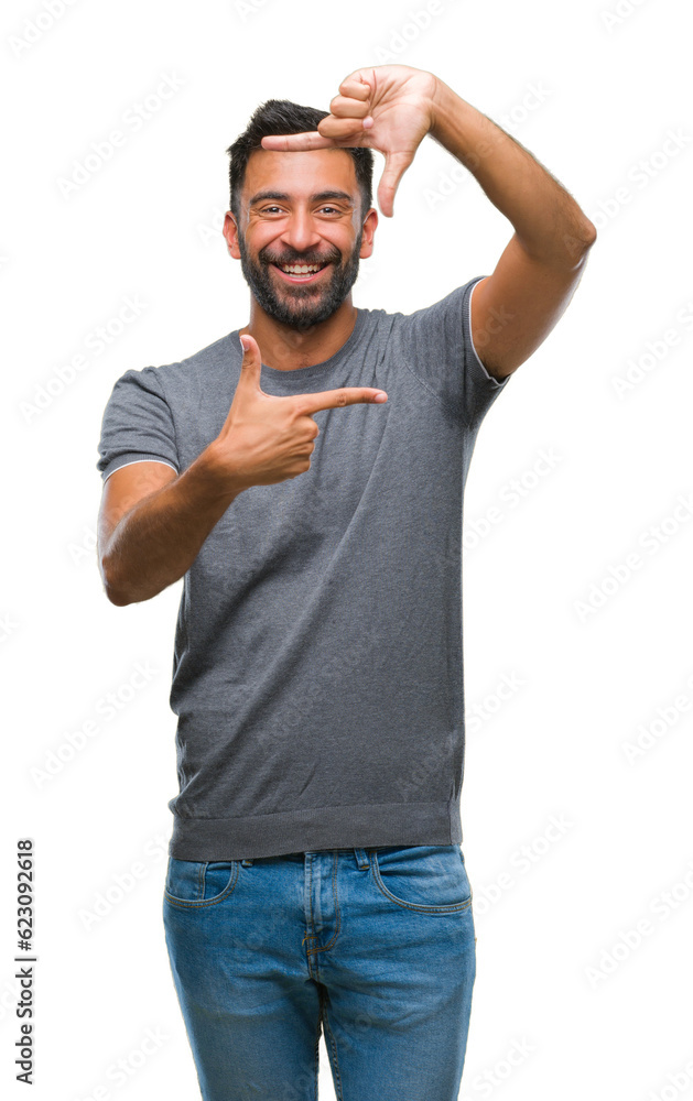 Adult hispanic man over isolated background smiling making frame with hands and fingers with happy face. Creativity and photography concept. Adult hispanic man over isolated background smiling making frame with hands and fingers with happy face. Creativity and photography concept.