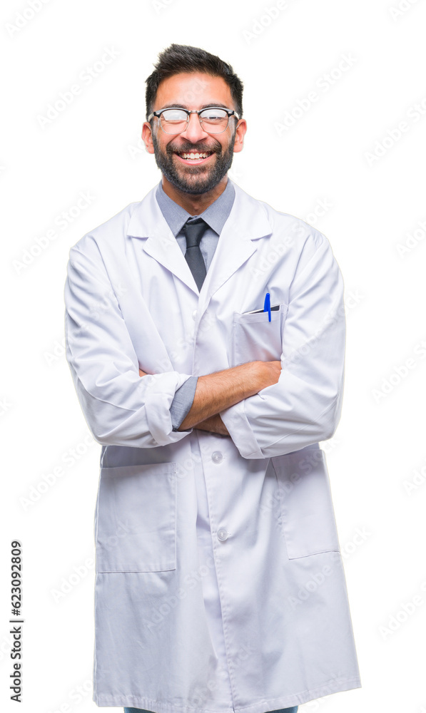 Adult hispanic scientist or doctor man wearing white coat over isolated background happy face smiling with crossed arms looking at the camera. Positive person. Adult hispanic scientist or doctor man wearing white coat over isolated background happy face smiling with crossed arms looking at the camera. Positive person.