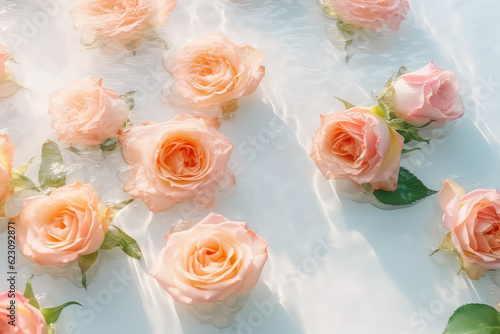 Top view of delicate pastel pink roses in clear water on a white background. Spring wallpaper, copy space. Generative AI professional photo imitation.