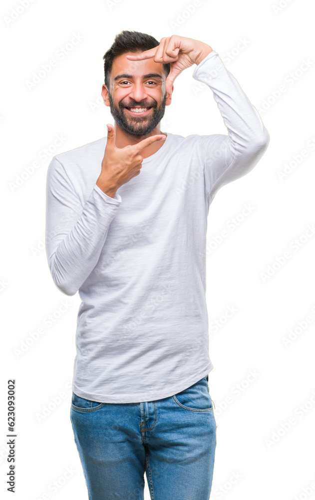 Adult hispanic man over isolated background smiling making frame with hands and fingers with happy face. Creativity and photography concept. Adult hispanic man over isolated background smiling making frame with hands and fingers with happy face. Creativity and photography concept.