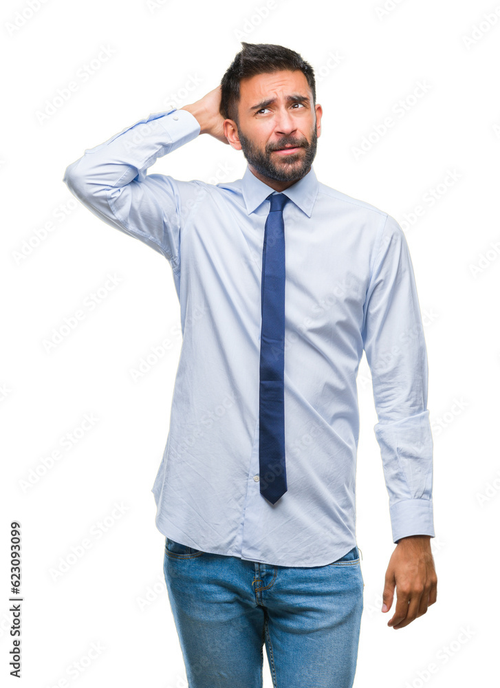 Adult hispanic business man over isolated background confuse and wonder about question. Uncertain with doubt, thinking with hand on head. Pensive concept. Adult hispanic business man over isolated background confuse and wonder about question. Uncertain with doubt, thinking with hand on head. Pensive concept.