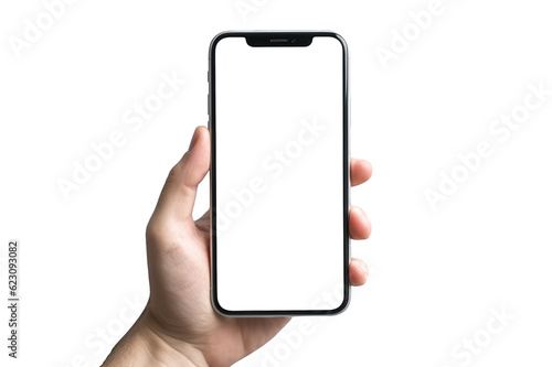 Man hand holding a mobile phone. Smartphone mockup with transparent screen and cutout PNG background. Generative AI