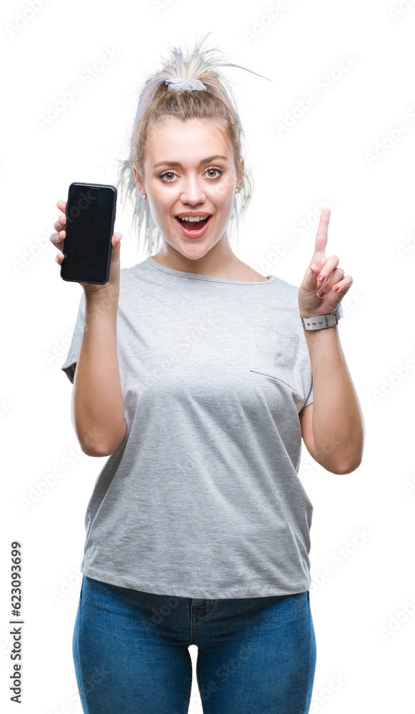 Young blonde woman showing screen of smartphone over isolated background surprised with an idea or question pointing finger with happy face, number one Young blonde woman showing screen of smartphone over isolated background surprised with an idea or question pointing finger with happy face, number one