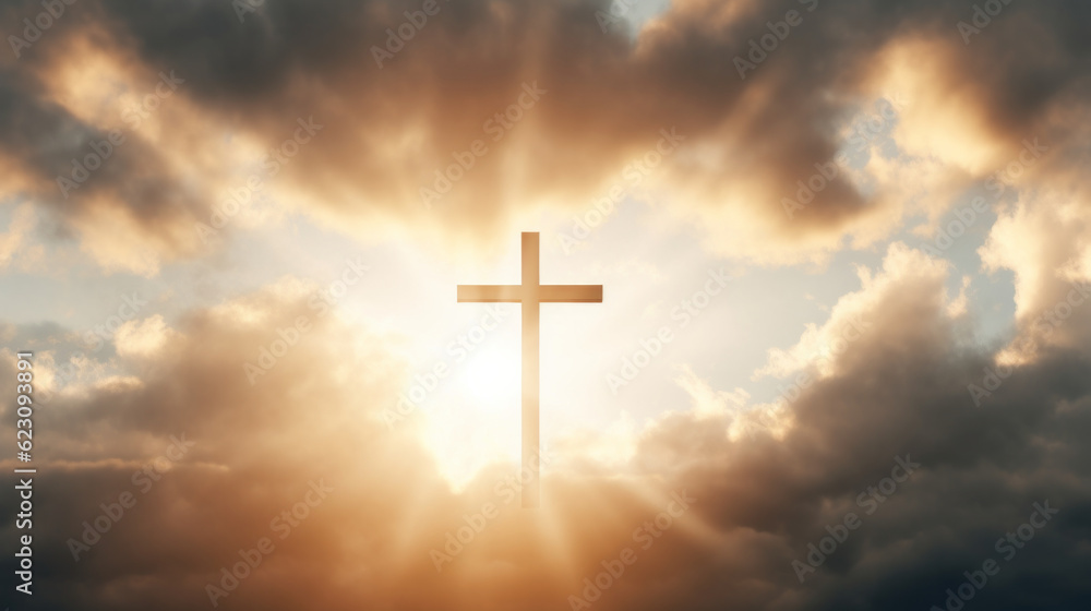 Cross in the clouds and rays of sun , power of faith concept