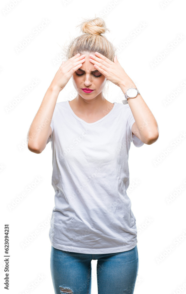 Young beautiful blonde woman wearing white t-shirt over isolated background with hand on head for pain in head because stress. Suffering migraine. Young beautiful blonde woman wearing white t-shirt over isolated background with hand on head for pain in head because stress. Suffering migraine.