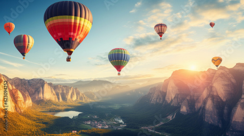 Many colorful hot air balloons in the sky over the mountains at sunrise