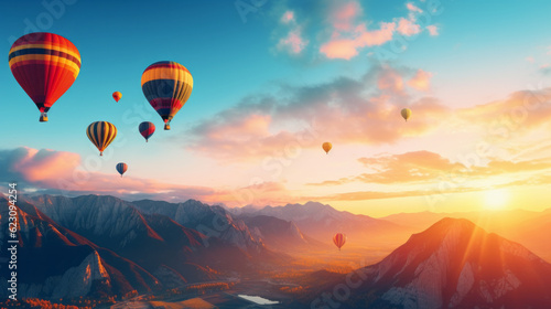 Many colorful hot air balloons in the sky over the mountains at sunrise