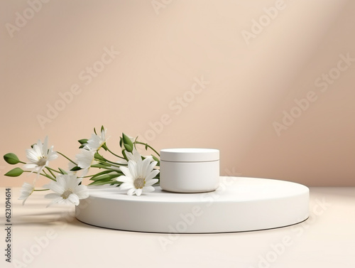 white podium for product presentation with green leaves and flowers