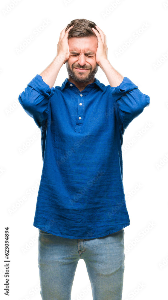 Young handsome man over isolated background suffering from headache desperate and stressed because pain and migraine. Hands on head. Young handsome man over isolated background suffering from headache desperate and stressed because pain and migraine. Hands on head.