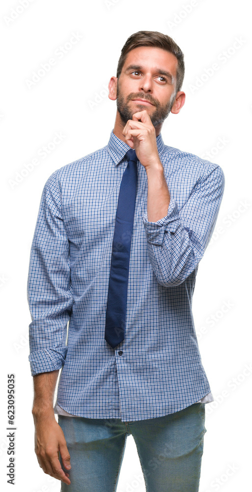 Young handsome business man over isolated background with hand on chin thinking about question, pensive expression. Smiling with thoughtful face. Doubt concept. Young handsome business man over isolated background with hand on chin thinking about question, pensive expression. Smiling with thoughtful face. Doubt concept.