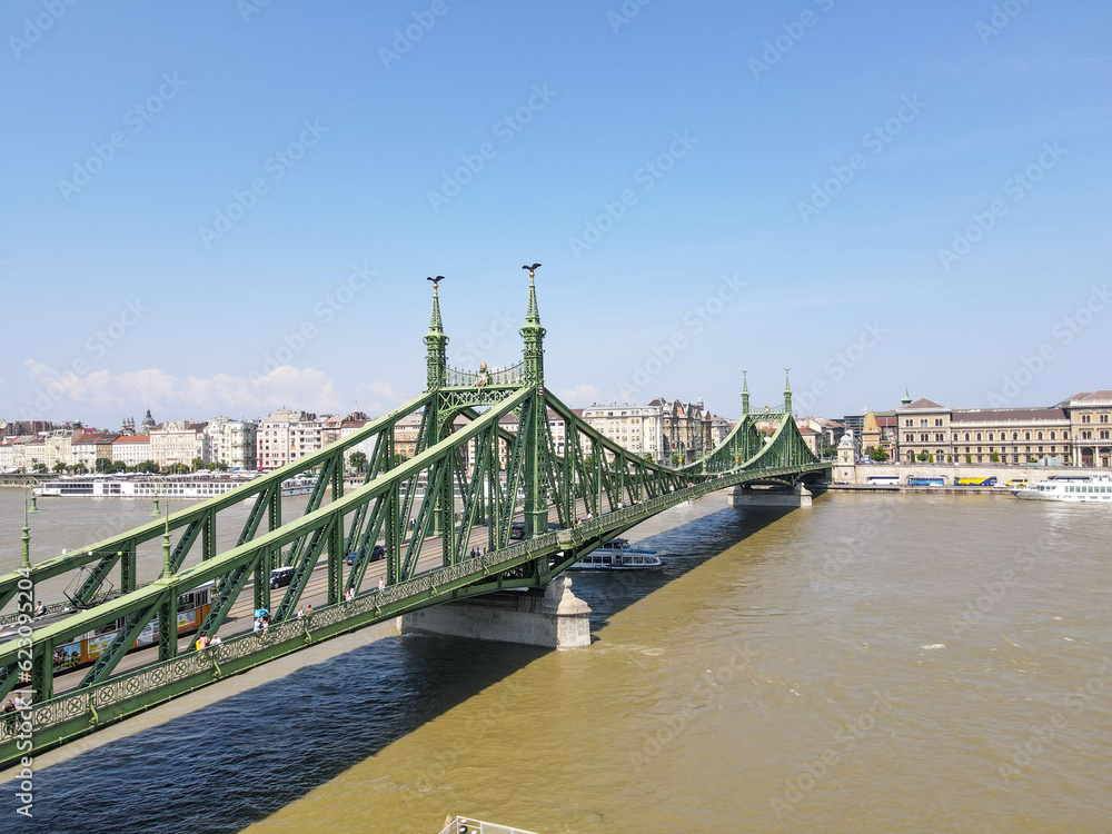 Fototapeta premium Drone view at the liberty bridge of Budapest on Hungary