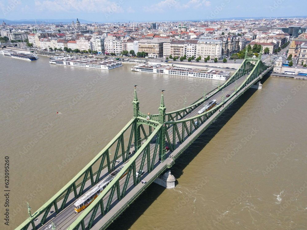 Obraz premium Drone view at the liberty bridge of Budapest on Hungary