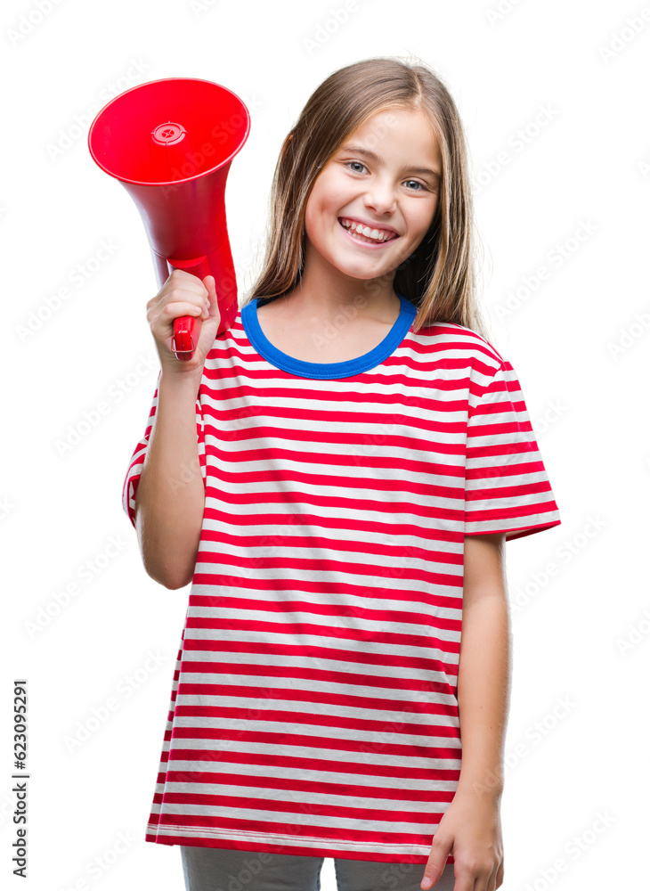 Young beautiful girl yelling through megaphone over isolated background with a happy face standing and smiling with a confident smile showing teeth Young beautiful girl yelling through megaphone over isolated background with a happy face standing and smiling with a confident smile showing teeth