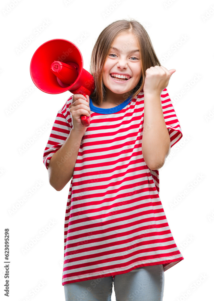 Young beautiful girl yelling through megaphone over isolated background screaming proud and celebrating victory and success very excited, cheering emotion