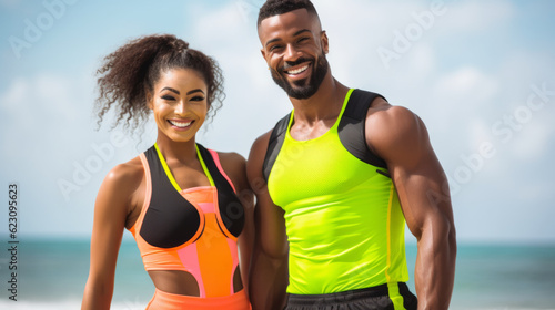 Smiling black couple wearing colorful sportswear like crop top showing muscular abs