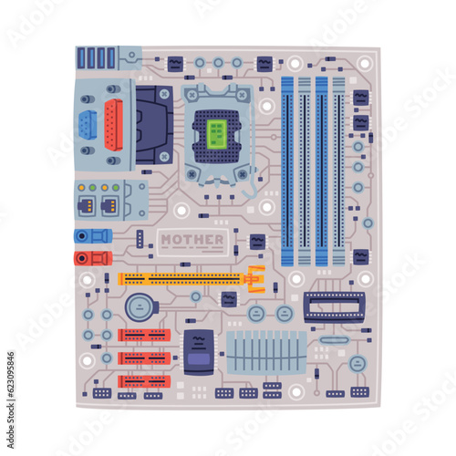 Motherboard or Mainboard as Personal Computer Accessory and Component Vector Illustration