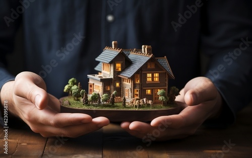 Man's Hand Holding Model House Mortgage Concept. Generative AI