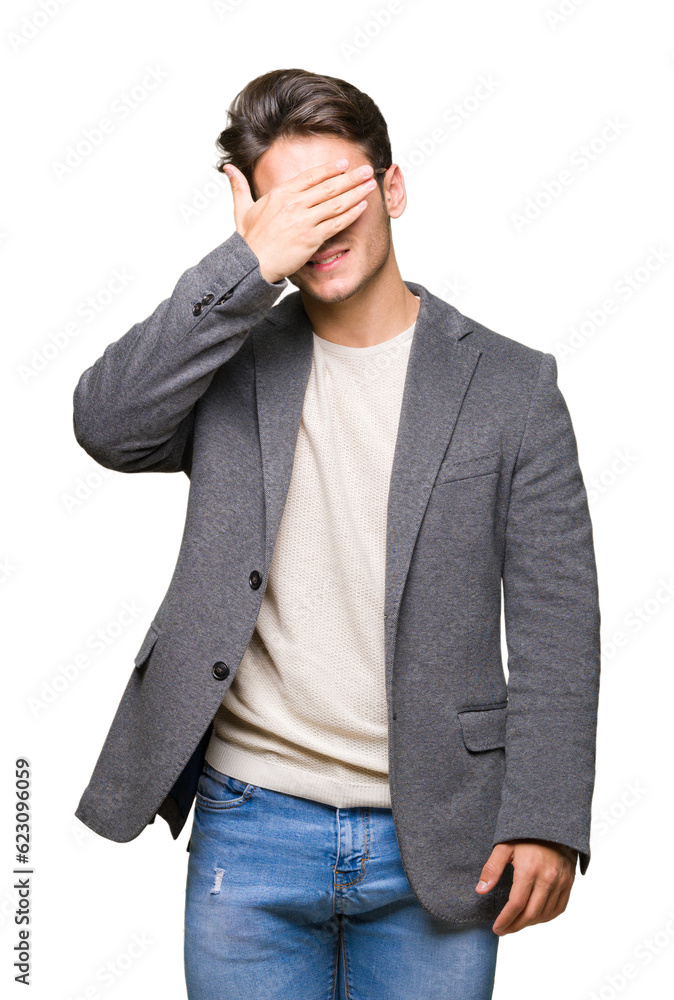 Young business man wearing glasses over isolated background smiling and laughing with hand on face covering eyes for surprise. Blind concept. Young business man wearing glasses over isolated background smiling and laughing with hand on face covering eyes for surprise. Blind concept.