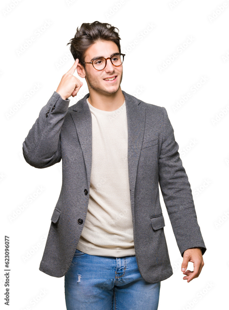 Young business man wearing glasses over isolated background Smiling pointing to head with one finger, great idea or thought, good memory Young business man wearing glasses over isolated background Smiling pointing to head with one finger, great idea or thought, good memory