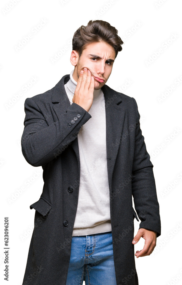 Young elegant man wearing winter coat over isolated background touching mouth with hand with painful expression because of toothache or dental illness on teeth. Dentist concept. Young elegant man wearing winter coat over isolated background touching mouth with hand with painful expression because of toothache or dental illness on teeth. Dentist concept.