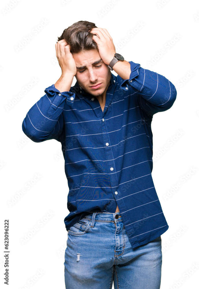 Young handsome man wearing navy shirt over isolated background suffering from headache desperate and stressed because pain and migraine. Hands on head. Young handsome man wearing navy shirt over isolated background suffering from headache desperate and stressed because pain and migraine. Hands on head.