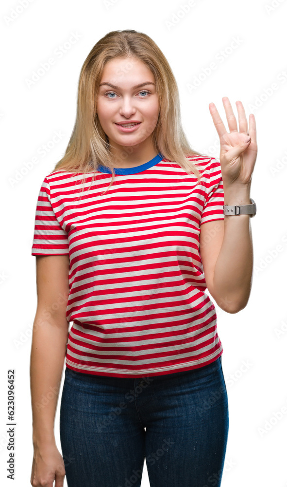 Young caucasian woman over isolated background showing and pointing up with fingers number four while smiling confident and happy. Young caucasian woman over isolated background showing and pointing up with fingers number four while smiling confident and happy.