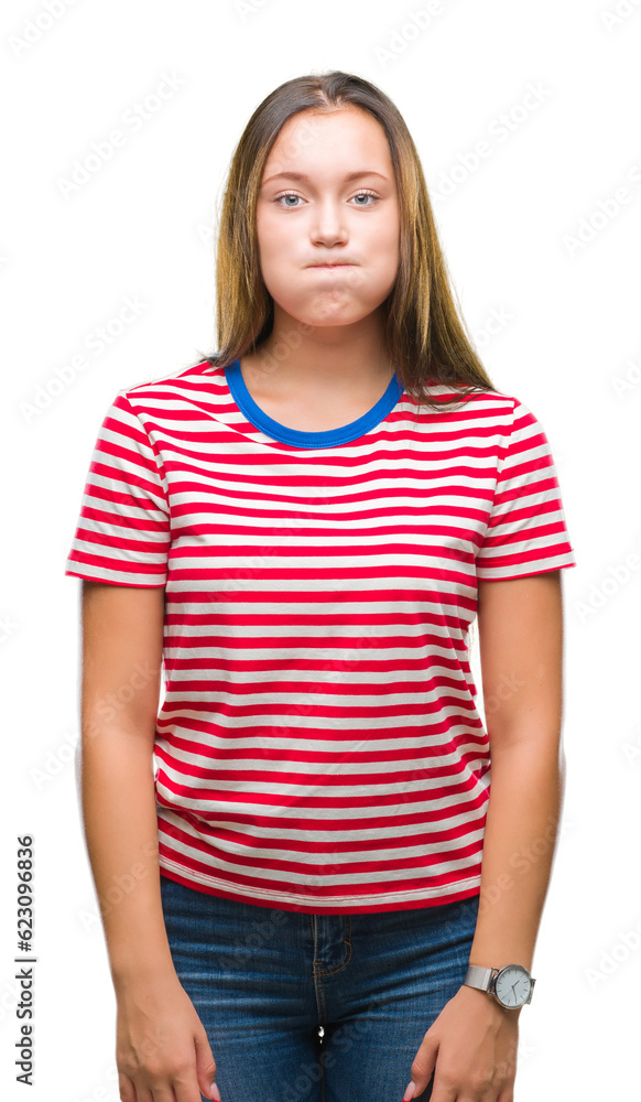 Young caucasian beautiful woman over isolated background puffing cheeks with funny face. Mouth inflated with air, crazy expression.
