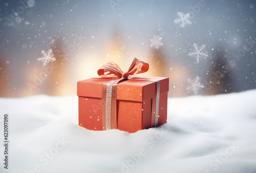 A christmas present wrapped in red wrapping paper lying in the snow, xmas surprise gift