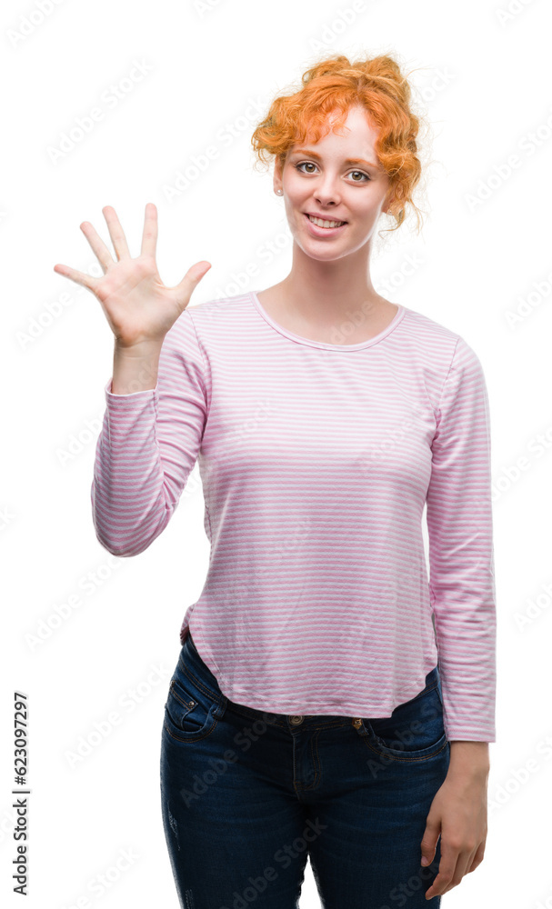 Young redhead woman showing and pointing up with fingers number five while smiling confident and happy. Young redhead woman showing and pointing up with fingers number five while smiling confident and happy.