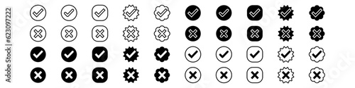 Set of check and not check marks icons. Tick and cross. In different versions.