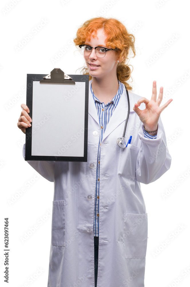 Young redhead doctor woman holding clipboard doing ok sign with fingers, excellent symbol Young redhead doctor woman holding clipboard doing ok sign with fingers, excellent symbol