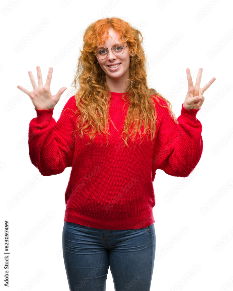 Young redhead woman wearing red sweater showing and pointing up with fingers number eight while smiling confident and happy. Young redhead woman wearing red sweater showing and pointing up with fingers number eight while smiling confident and happy.