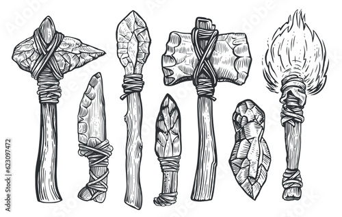 Prehistoric labor tools and equipment of a primitive caveman. Sketch vector illustration engraving style