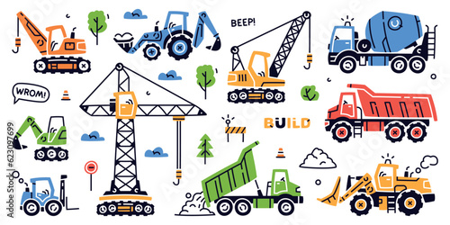 Construction Equipment and Heavy Machines for Industrial Work Vector Set