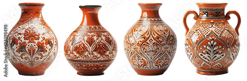 collection of four ornately decorated terracotta vases, on a transparent background, Generative AI