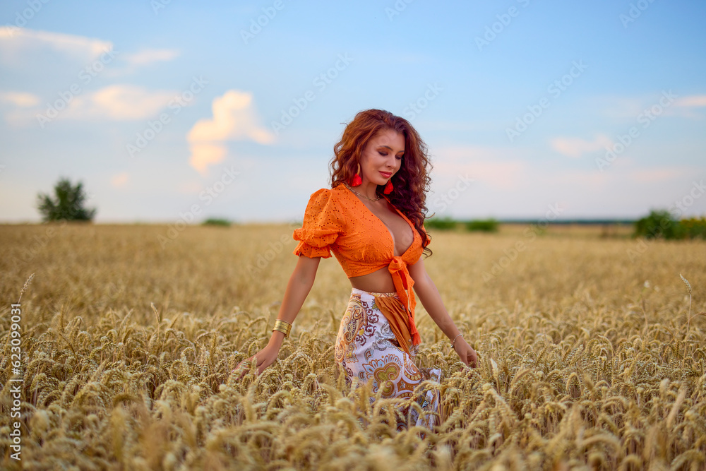 A beautiful woman with long hair posing in a field of wheat. conceptual fashion image. A beautiful woman with long hair posing in a field of wheat. conceptual fashion image.